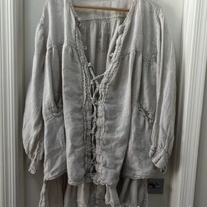 Magnolia Pearl LOVE Collection Beige Long Flowy Sleeved Blouse with Tie Front